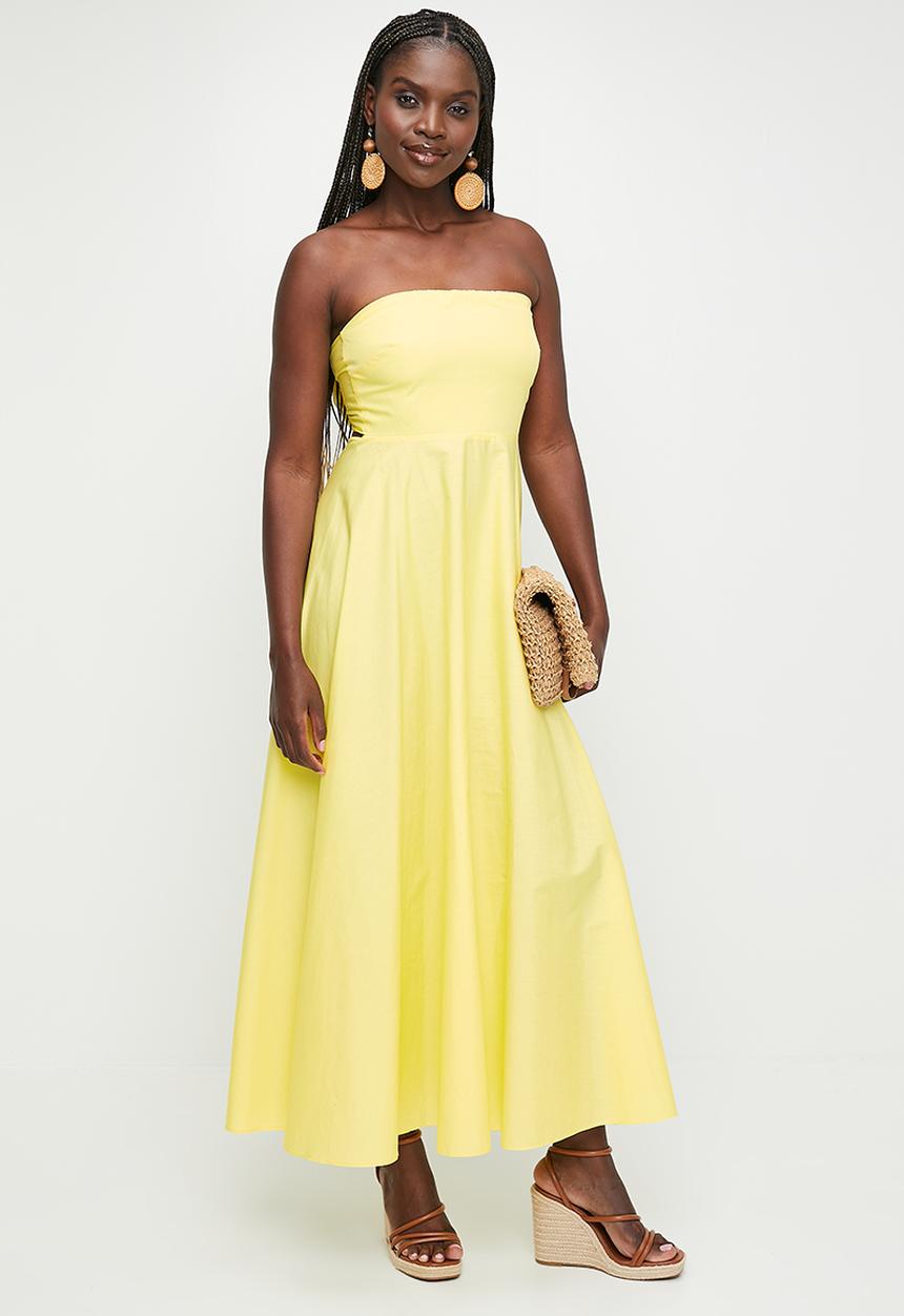 MILLA - Linen Blend Tie Back Bandeau Maxi Dress - Pale Yellow