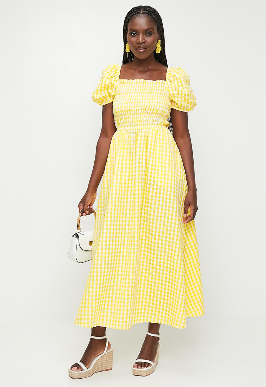 MILLA - Shirred Midi Fit & Flare Dress - Yellow