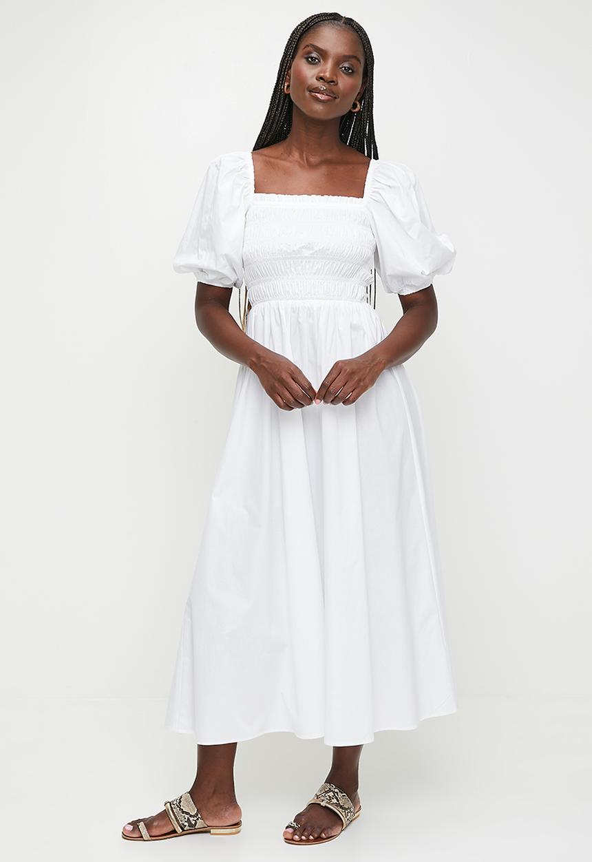 MILLA - Statement sleeve midi dress with shirring - white