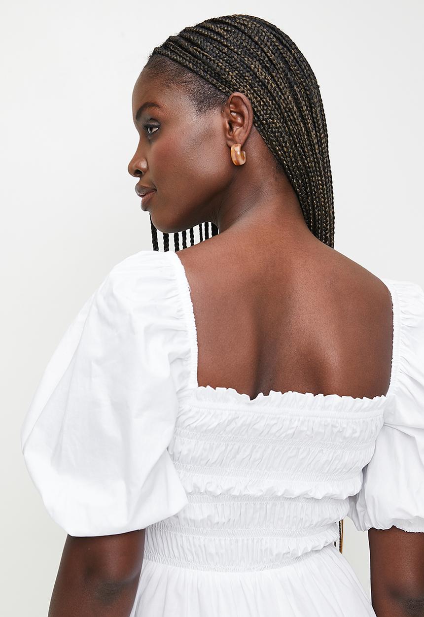 MILLA - Statement sleeve midi dress with shirring - white