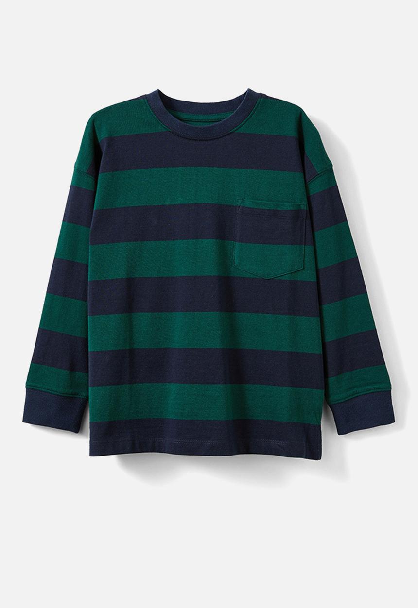 Cotton On - The essential long sleeve tee - squid ink/pine tree green stripe