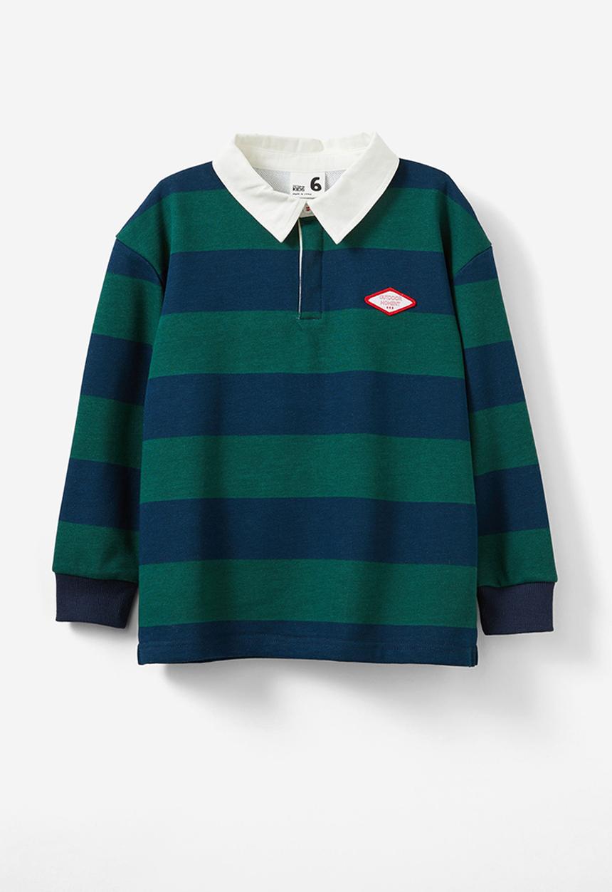 Cotton On - Rugby polo fleece top - in the navy/pine tree bold stripe
