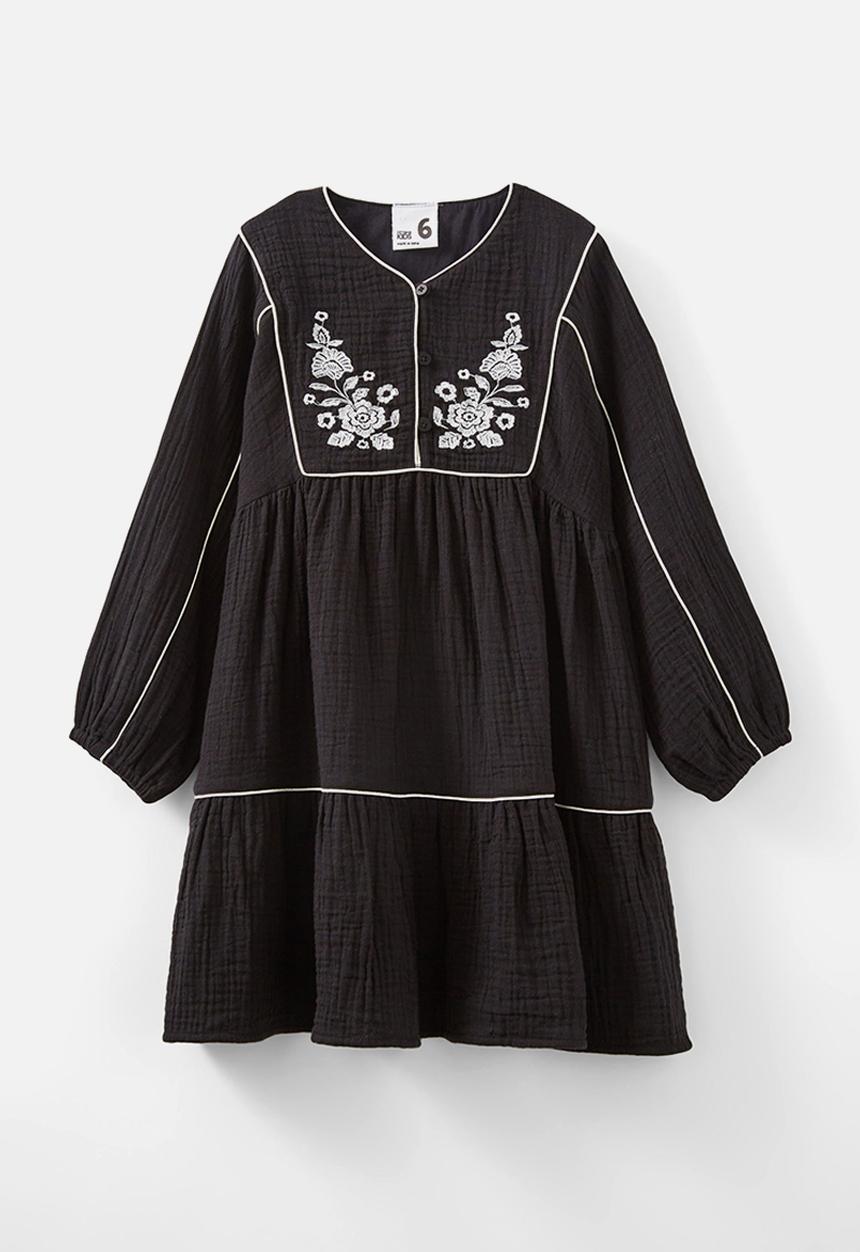 Cotton On - Corra long sleeve dress - black/embroidery