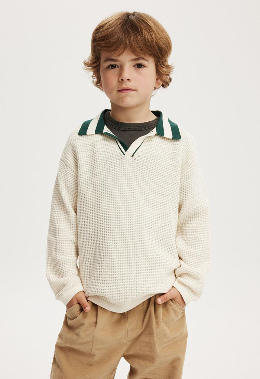 Cotton On - Preston long sleeve knit polo - dark vanilla/pine tree green