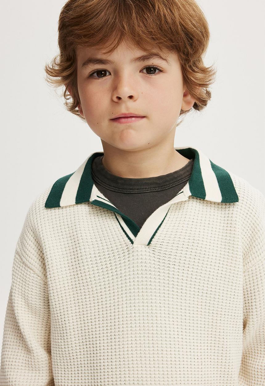 Cotton On - Preston long sleeve knit polo - dark vanilla/pine tree green