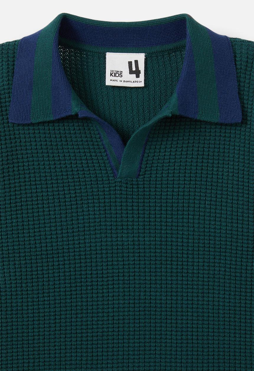 Cotton On - Preston long sleeve knit polo - pine tree green/in the navy