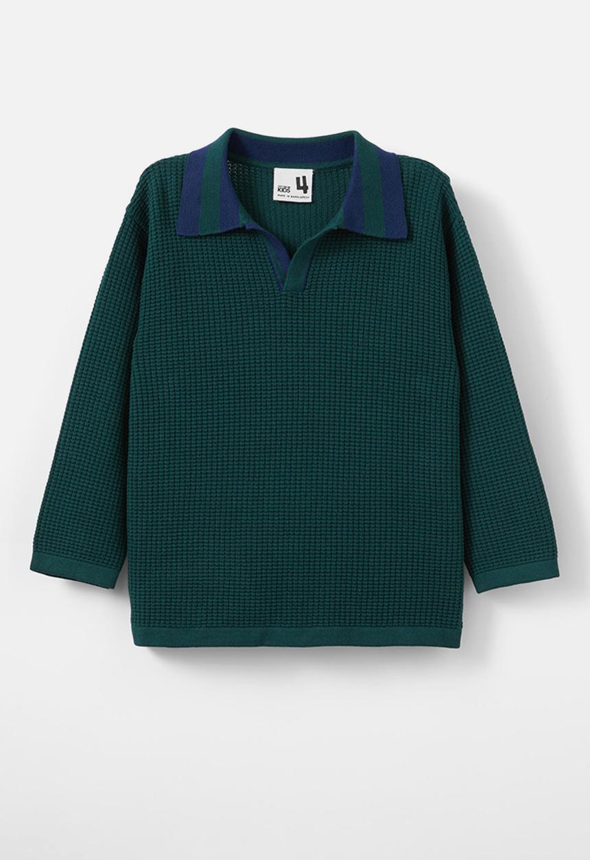 Cotton On - Preston long sleeve knit polo - pine tree green/in the navy