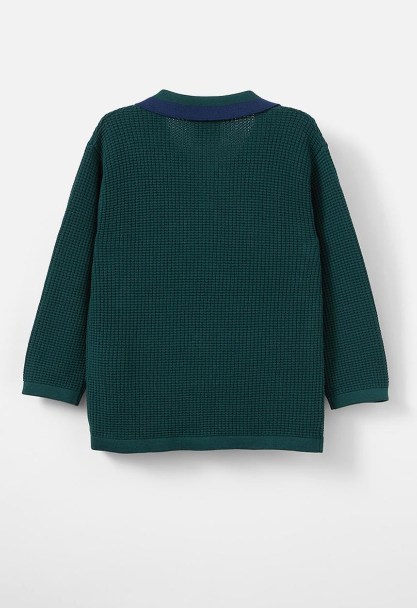 Cotton On - Preston long sleeve knit polo - pine tree green/in the navy