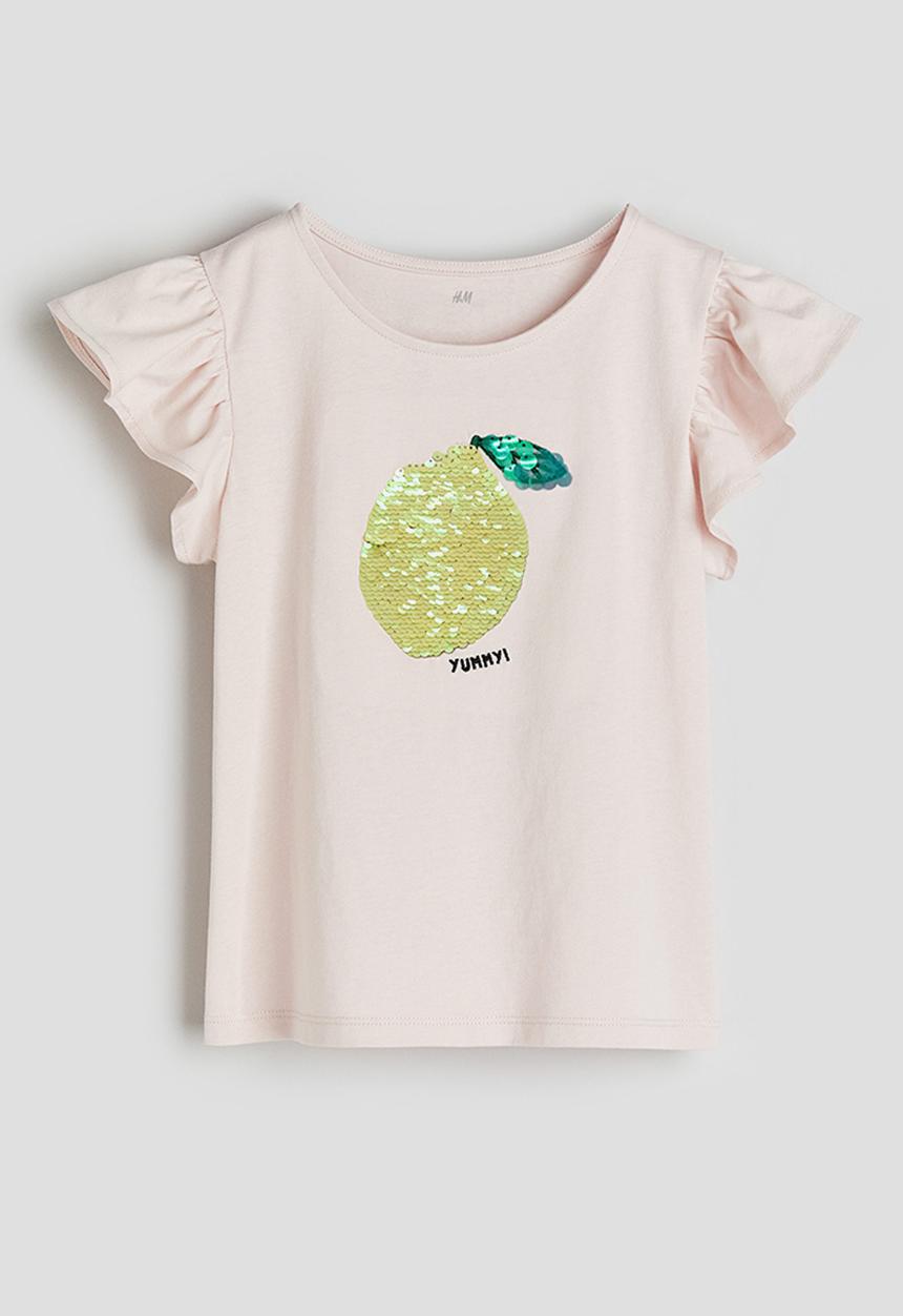 H&M - Flutter-sleeved top - light pink/lemon