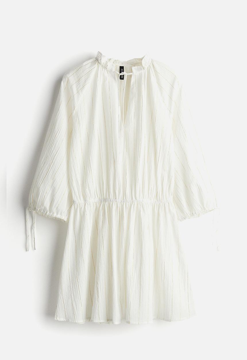 H&M - Glittery tie-detail tunic dress - cream pinstriped