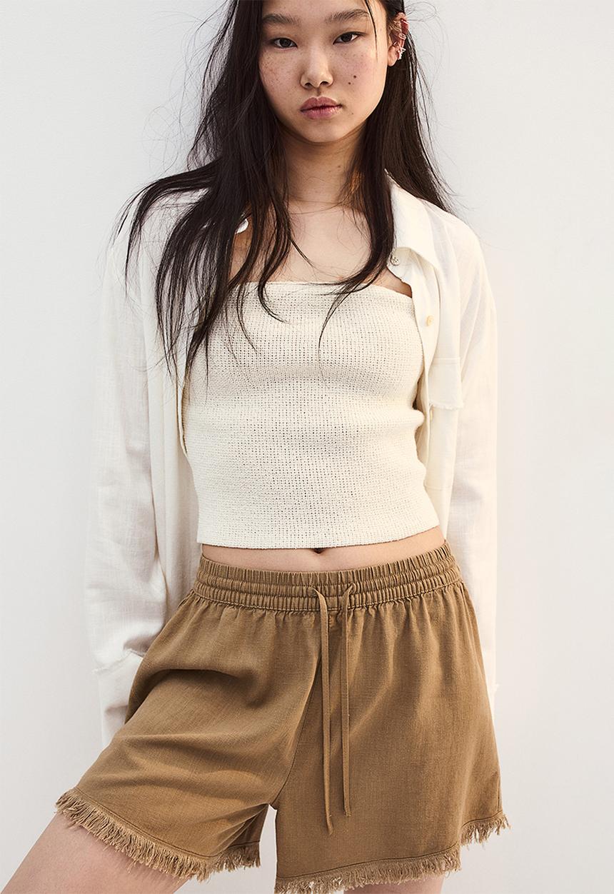 H&M - Linen-blend pull-on shorts - dark beige