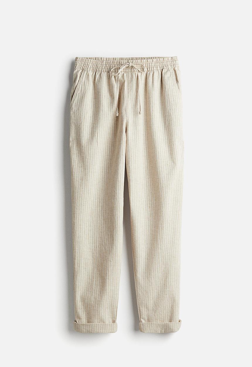 H&M - Linen-blend joggers - Beige/Striped