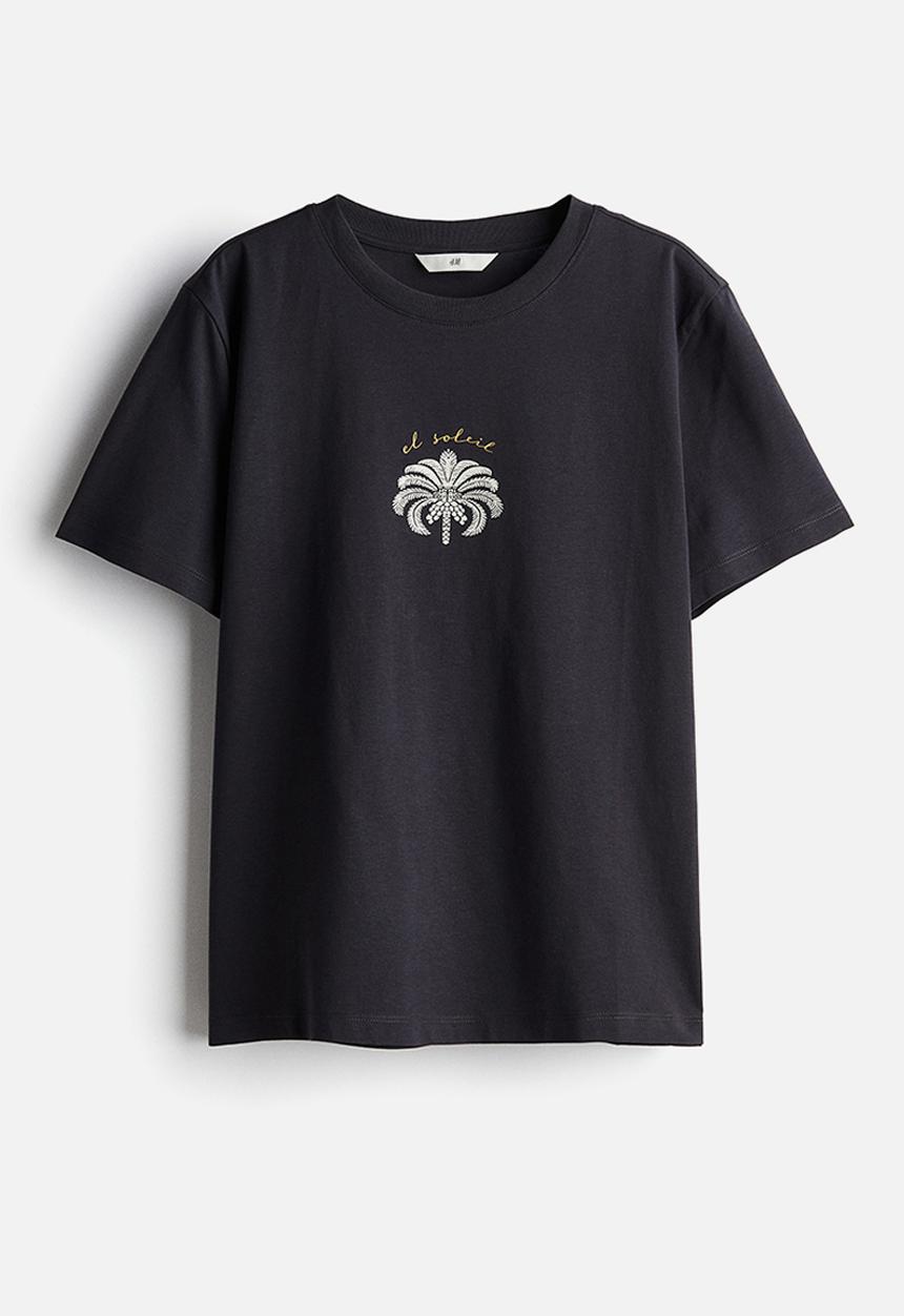 H&M - Cotton T-shirt - dark grey/palm tree
