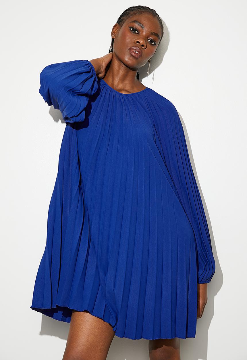 VELVET - Pleated trapeze mini dress - blue