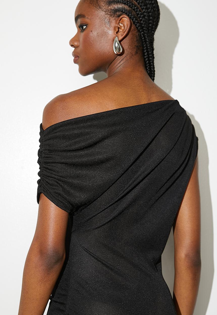 VELVET - Draped Asym Knit Mini Dress - Black