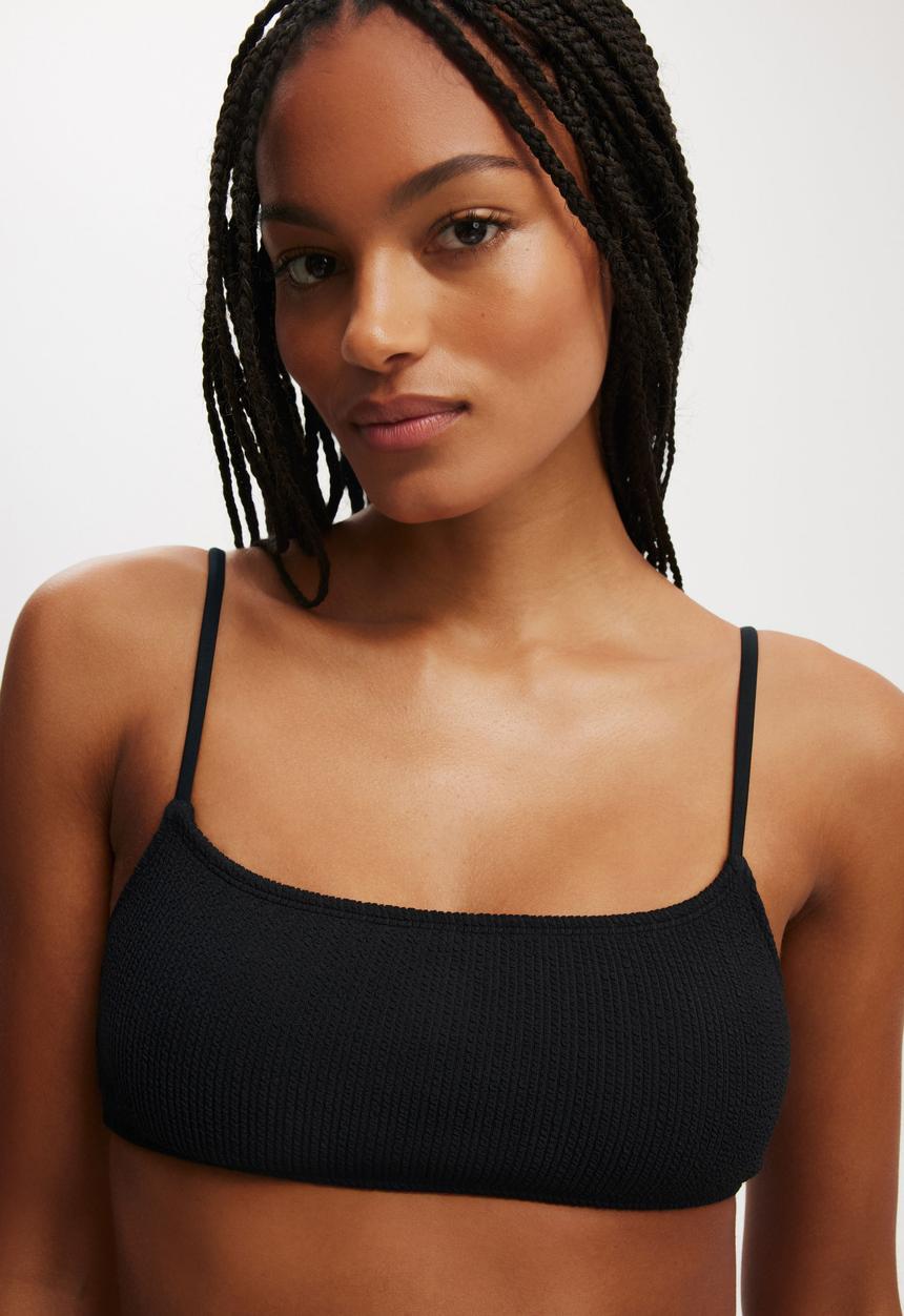 Cotton On - Straight Neck Crop Bikini Top-Black Crinkle