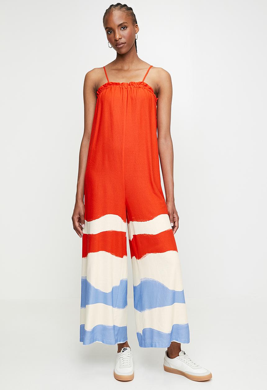 edit - Strappy Square Neck Wide Leg Jumpsuit - Red Colour Blocked Waves