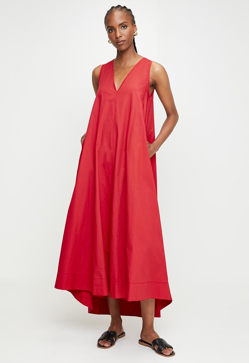 edit - V-Neck Maxi Trapeze Dress - Red