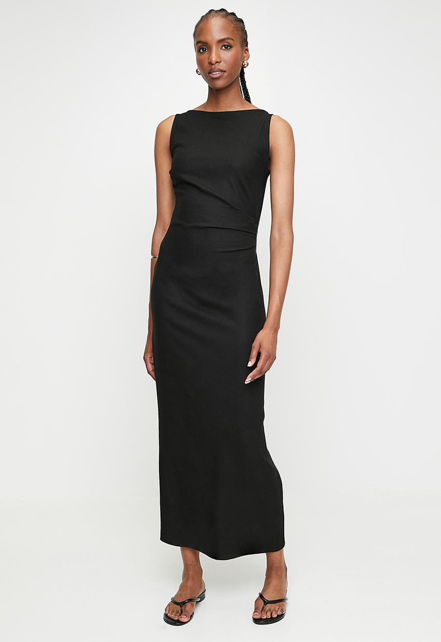 edit - Slash Neck Linen Blend Column Maxi Dress - Black