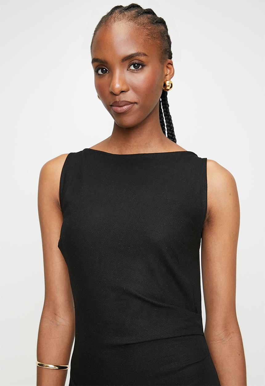 edit - Slash Neck Linen Blend Column Maxi Dress - Black
