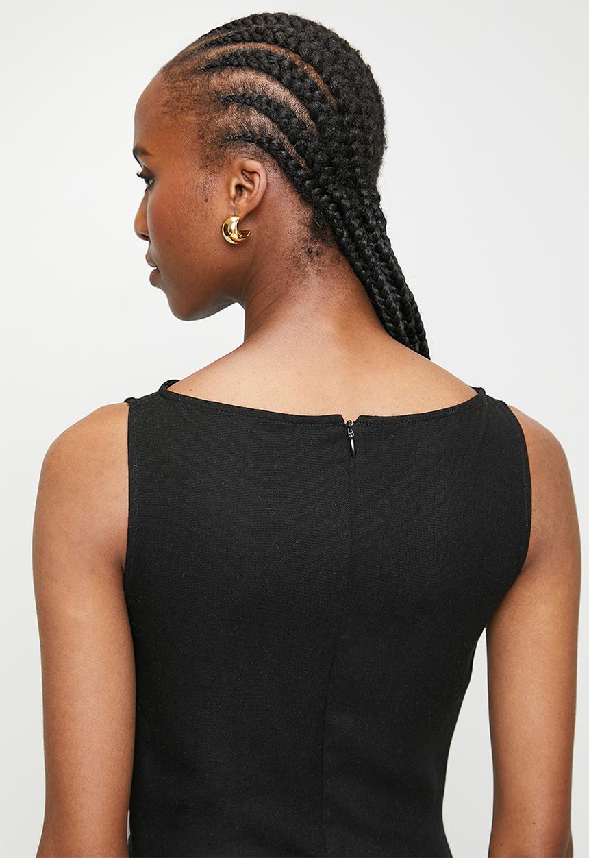 edit - Slash Neck Linen Blend Column Maxi Dress - Black