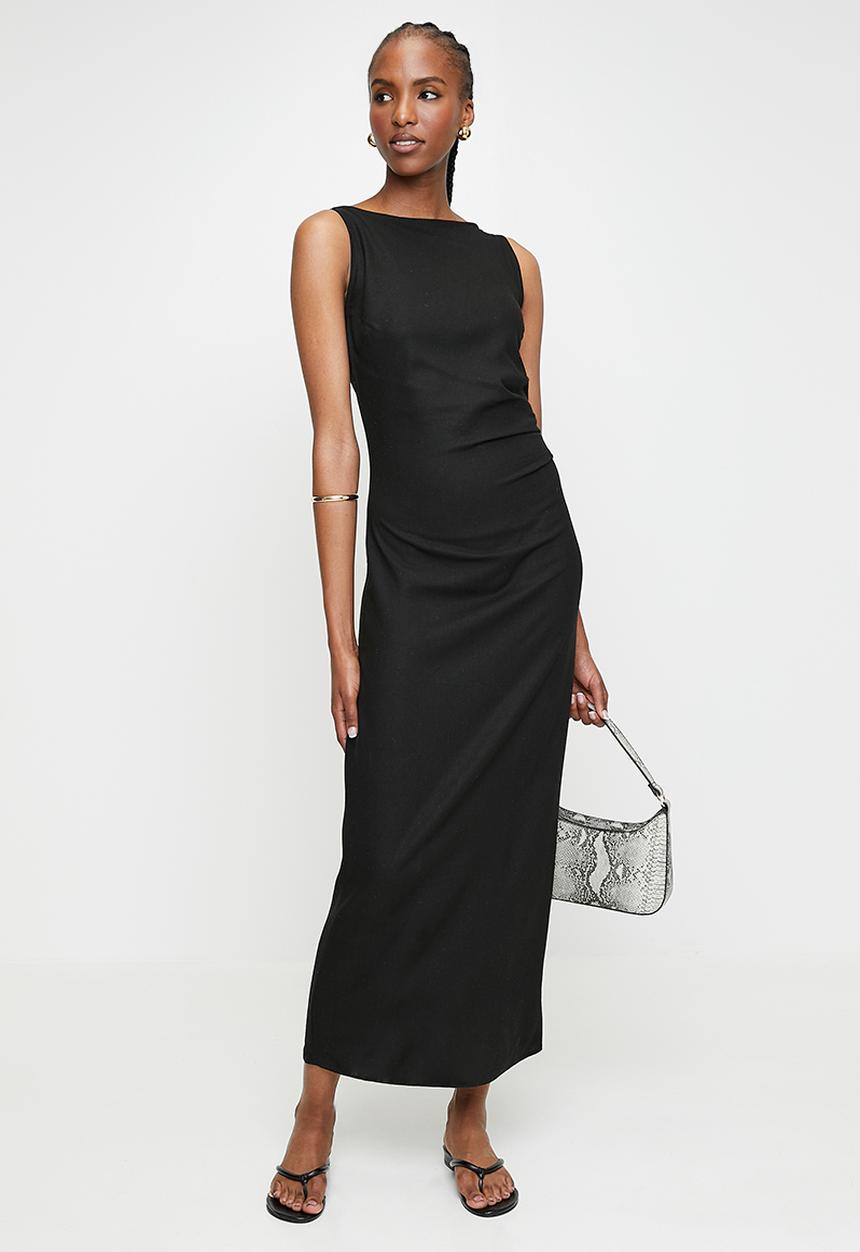 edit - Slash Neck Linen Blend Column Maxi Dress - Black