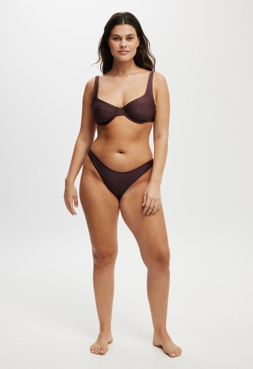 Cotton On - Refined High Side Brazilian Bikini Bottom-Willow Brown Shimmer