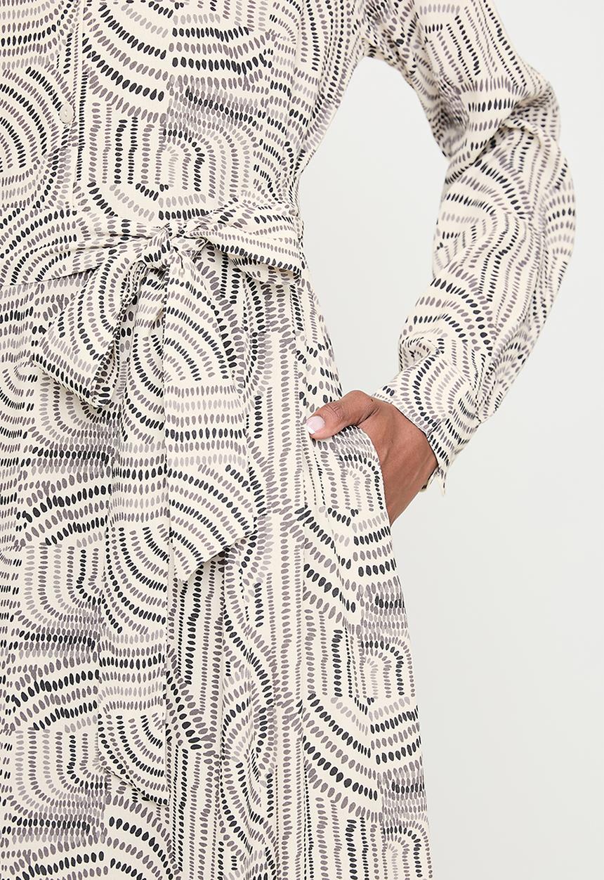 POLO - Wmn Rebecca Long sleeve Printed Dress - Off White