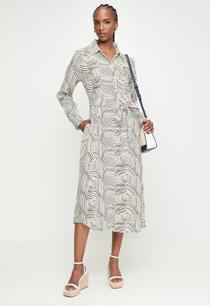 POLO - Wmn Rebecca Long sleeve Printed Dress - Off White