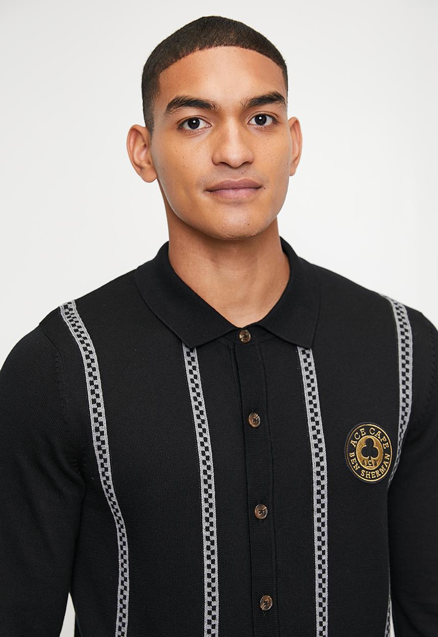 Ben Sherman - Ace Café Chequerboard Btn Through Polo Long Sleeve - Black