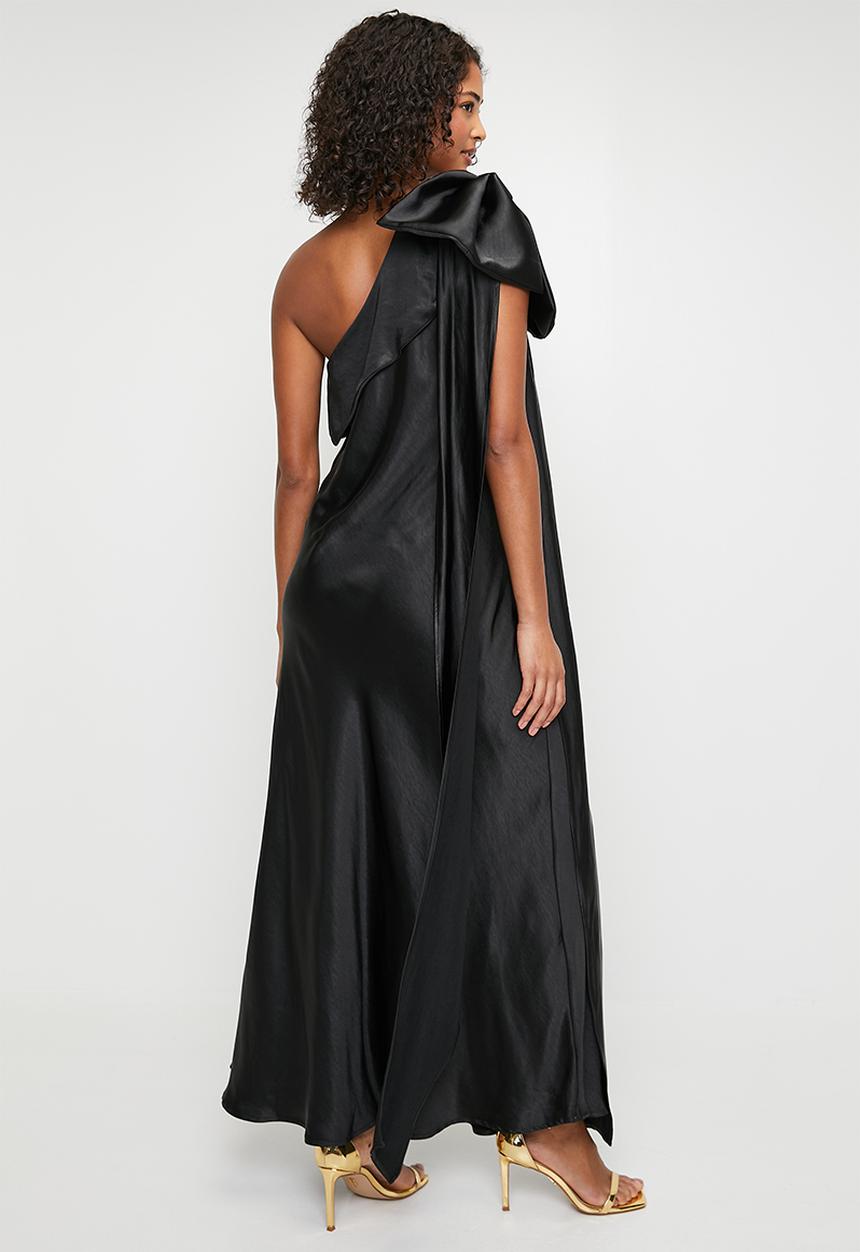 black one shoulder dress with bow One Shoulder Midi Dress With Bow Accent In Black, Black / Regular / 0