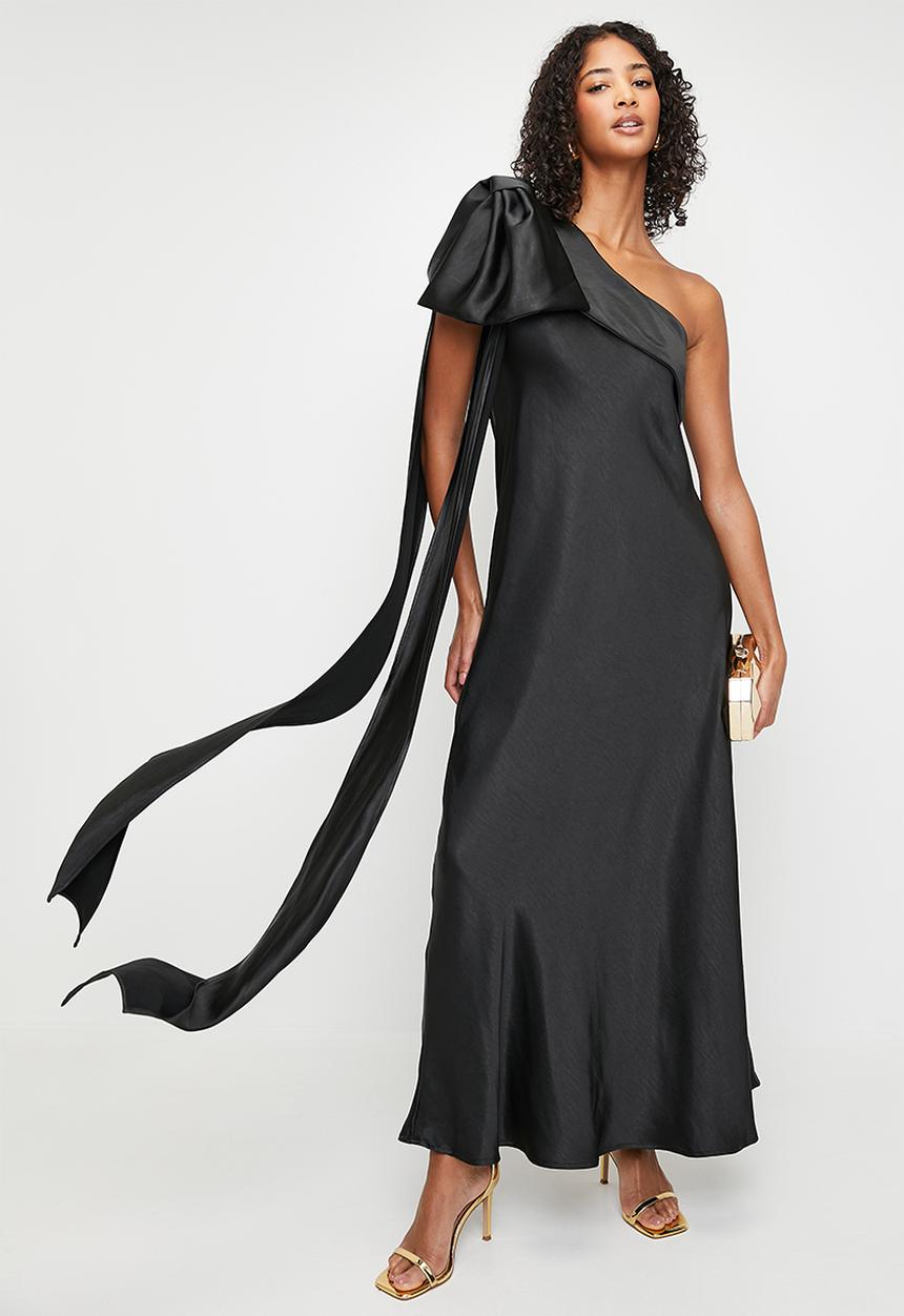 strapless open back dress HONEY One Shoulder Pleated Bow Midi Dress in Black main image 1