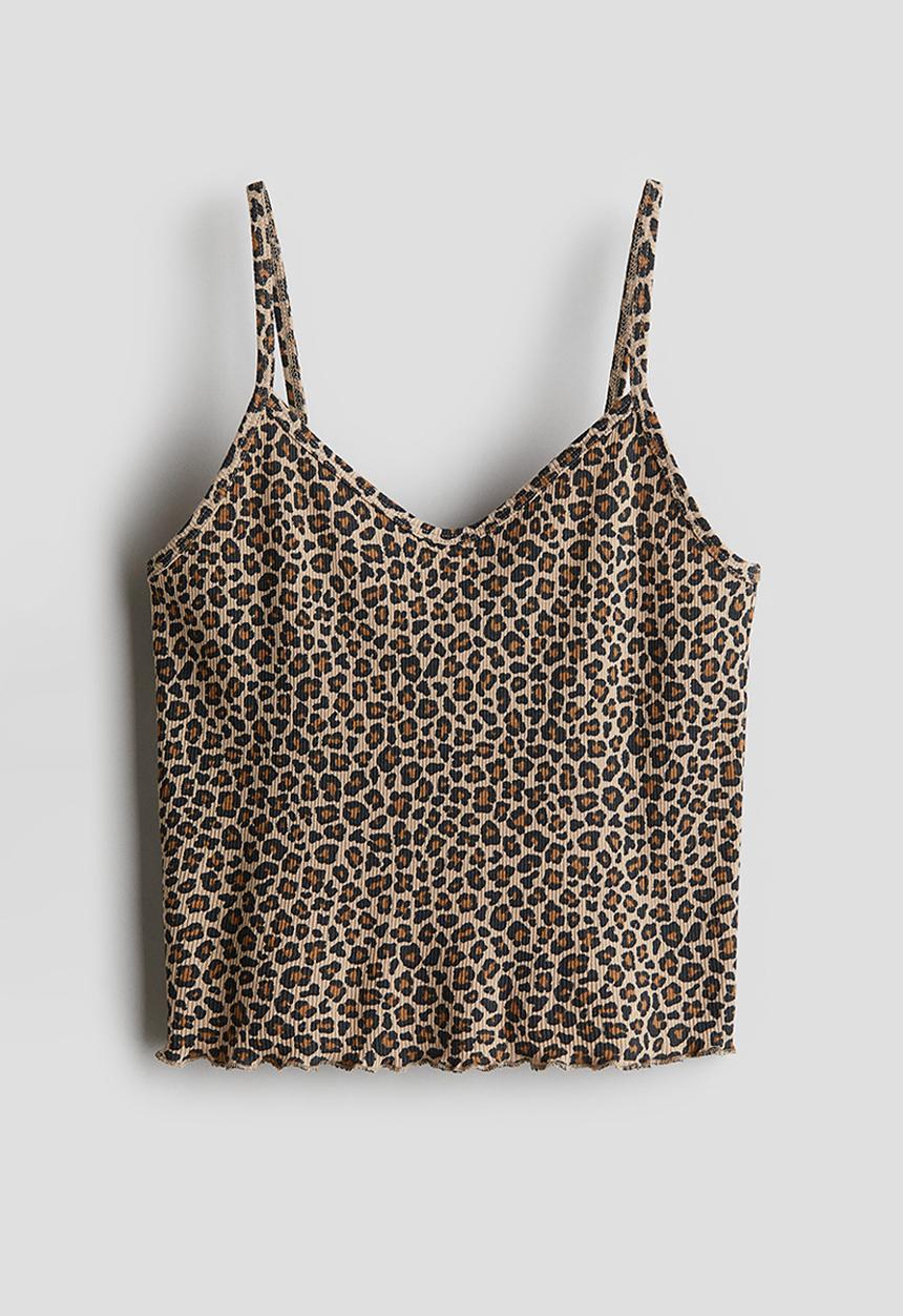 H&M - Ribbed jersey strappy top - light beige leopard print