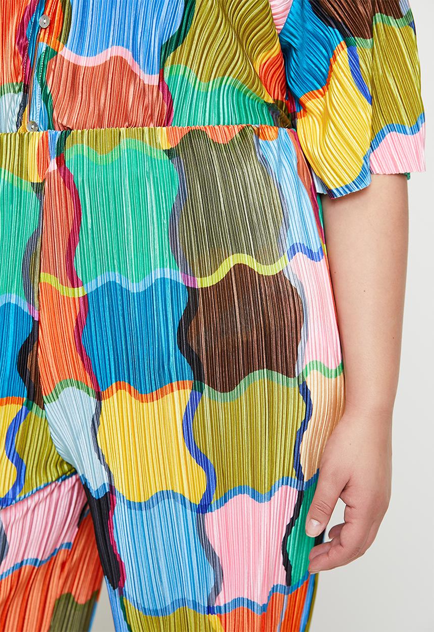 Me&B - Plus Cropped Plisse Pant - Colourfulblocks