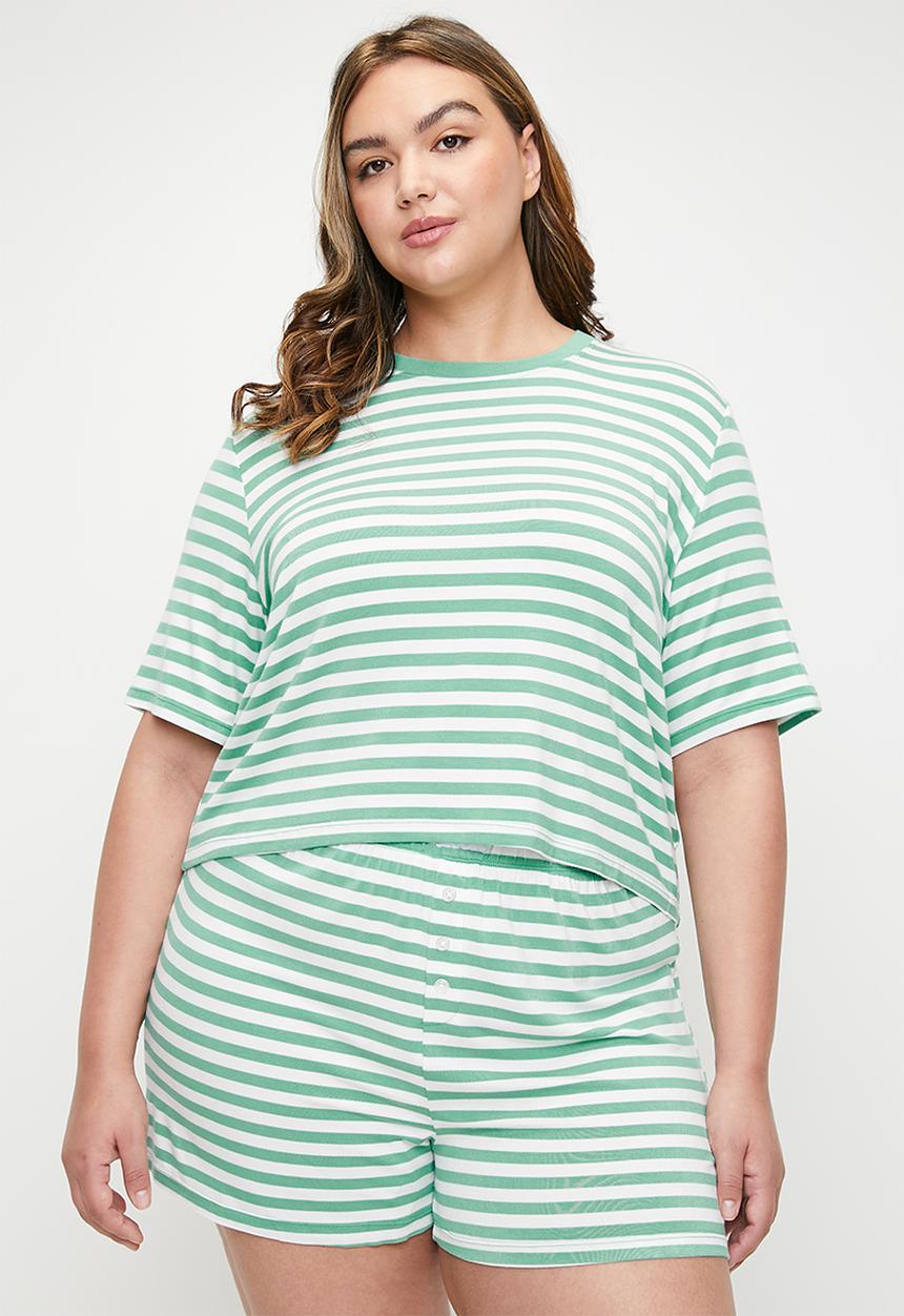 Cotton On - Plus Dreamy Short Sleeve Jersey Sleep Set-Misty Jade Stripe