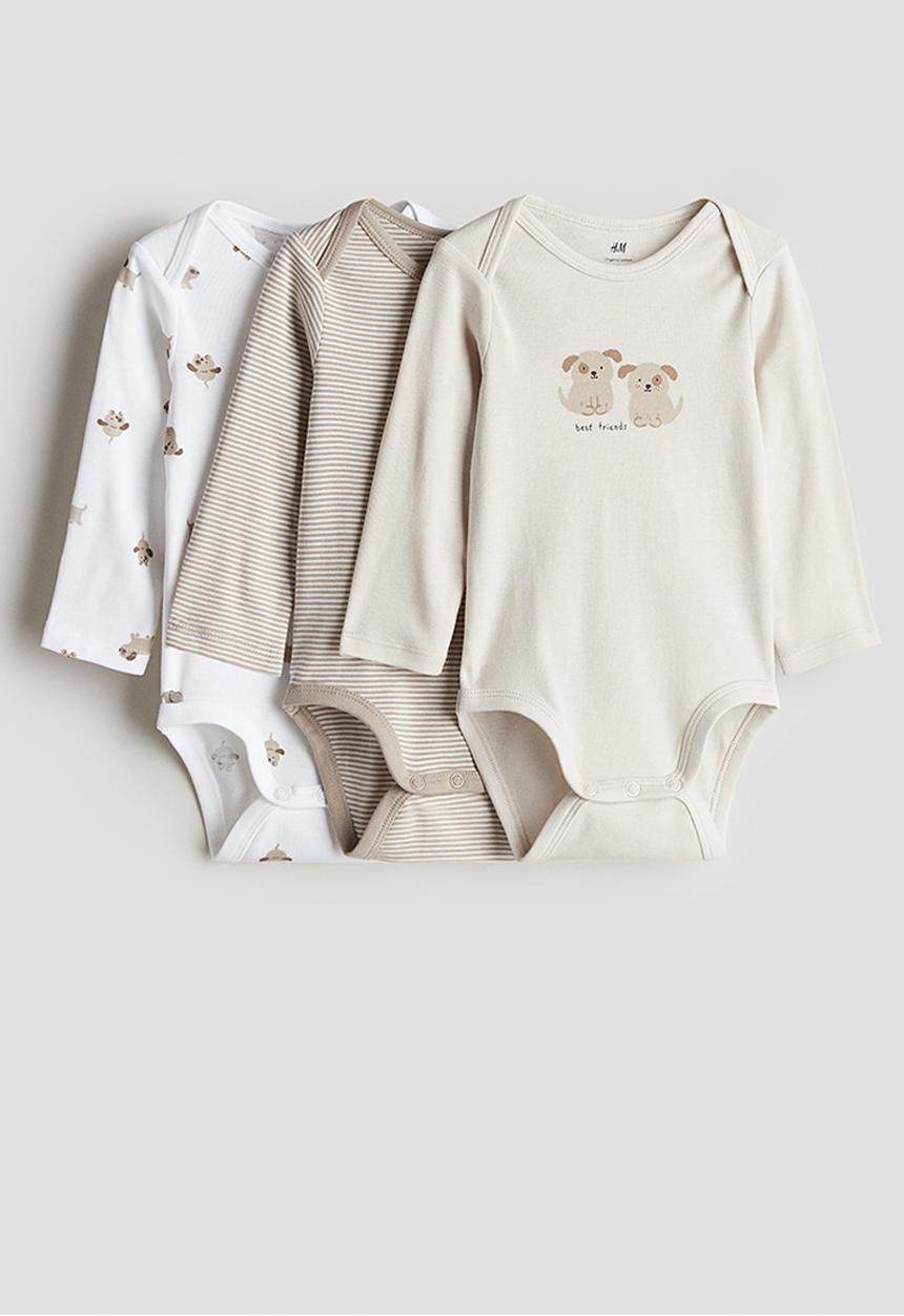 H&M - 3 pack long-sleeved bodysuits - beige multi & white