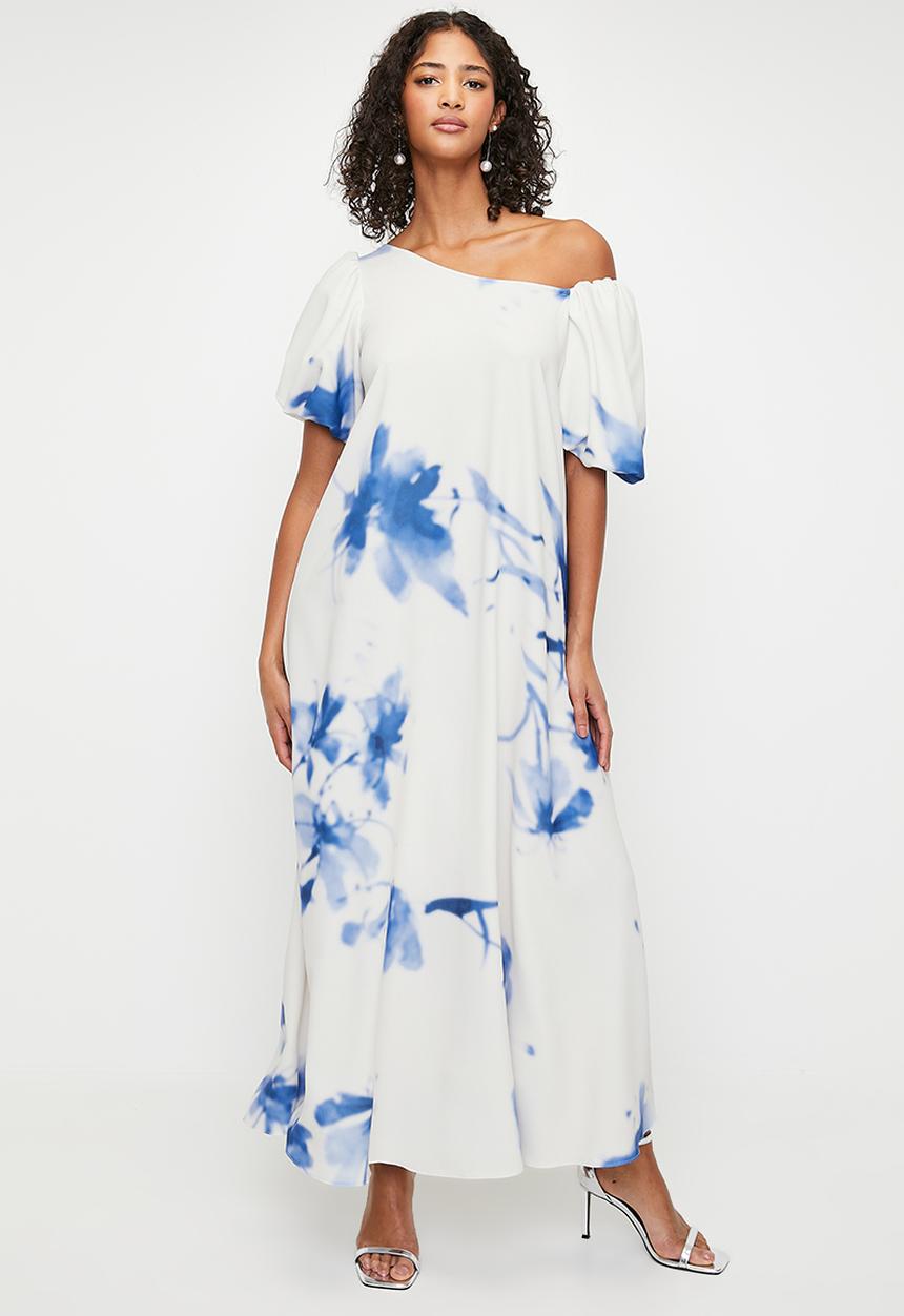 MILLA - Asymmetric trapeze maxi dress with bubble sleeve -denim ghostly floral