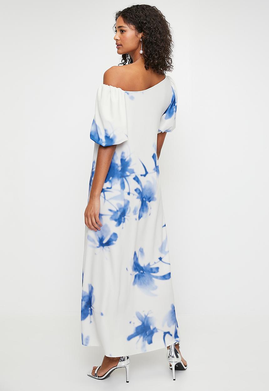 MILLA - Asymmetric trapeze maxi dress with bubble sleeve -denim ghostly floral