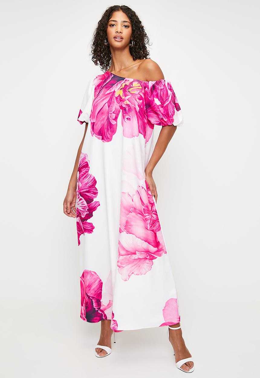 MILLA - Asymmetric trapeze maxi dress with bubble sleeve - white & pink