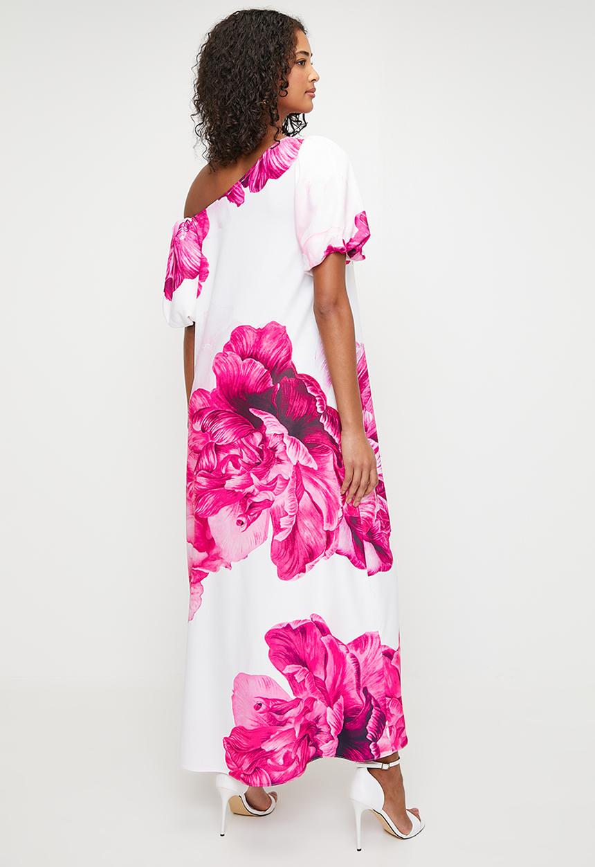 MILLA - Asymmetric trapeze maxi dress with bubble sleeve - white & pink