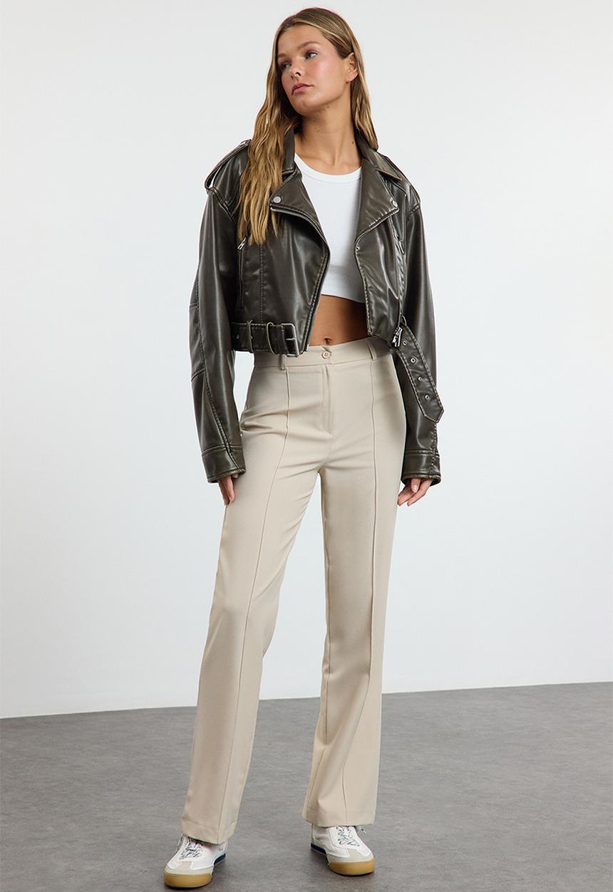 Trendyol - High waist ribbed stitched woven trousers - mink