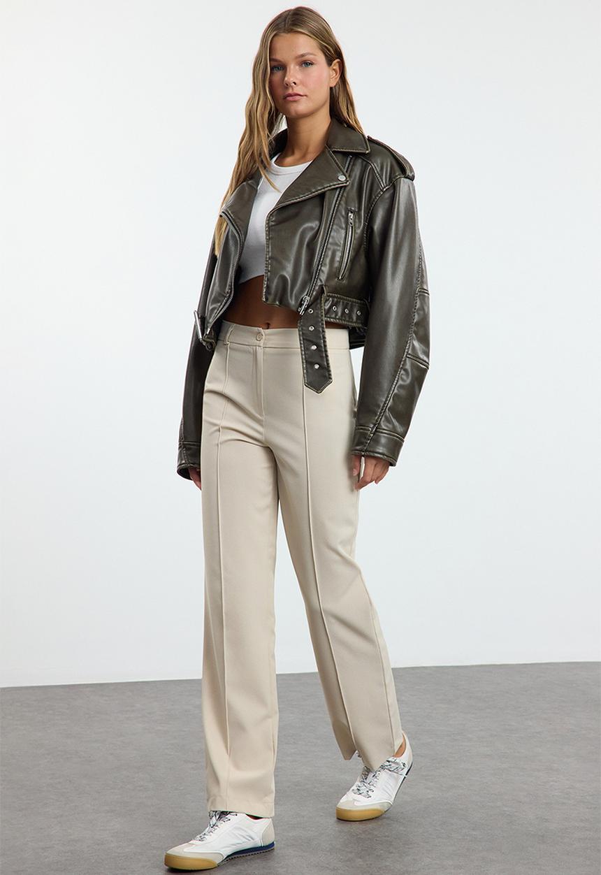 Trendyol - High waist ribbed stitched woven trousers - mink