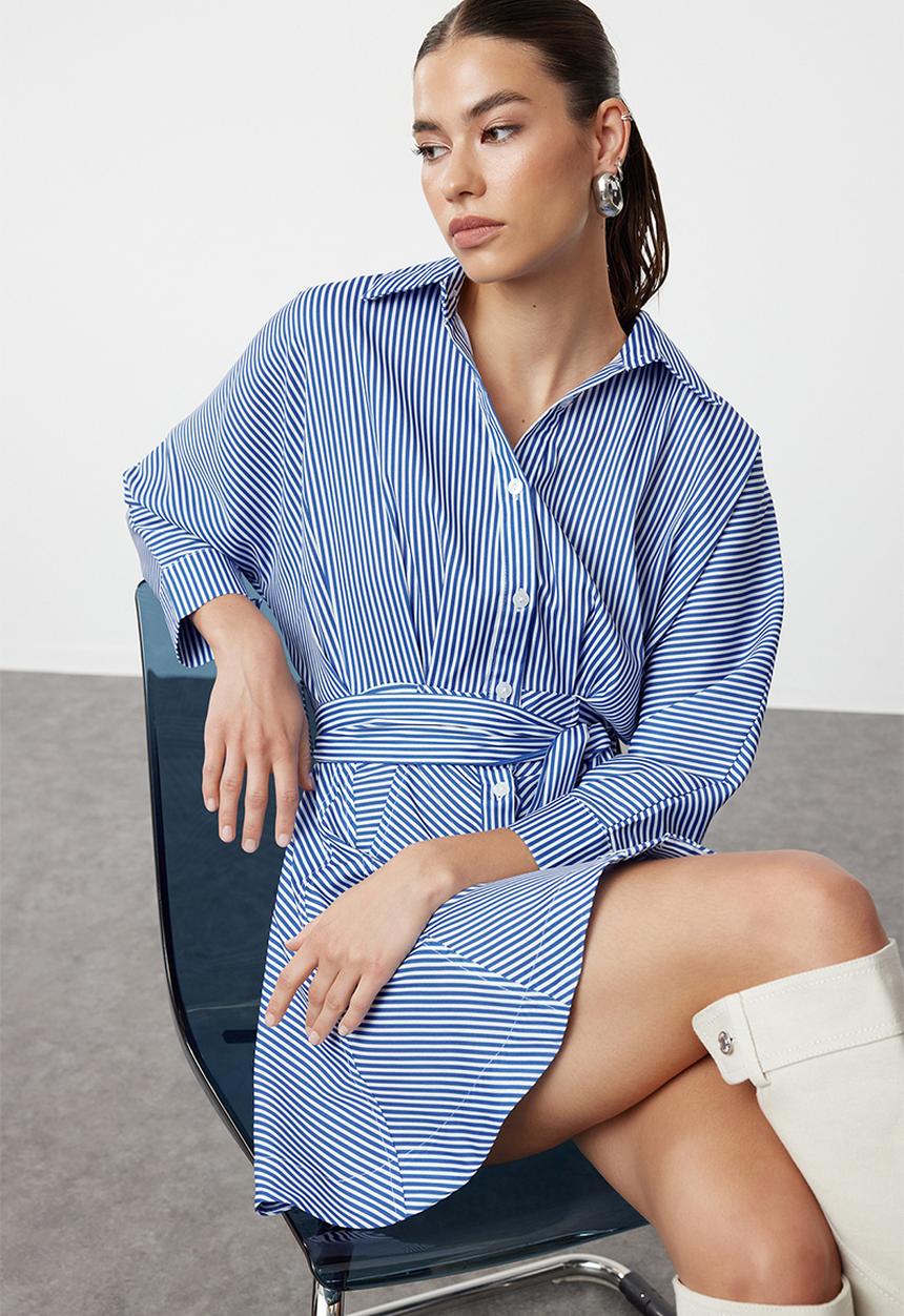 Trendyol - Belted striped mini shirt dress - blue