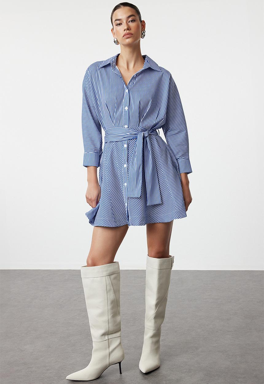 Trendyol - Belted striped mini shirt dress - blue