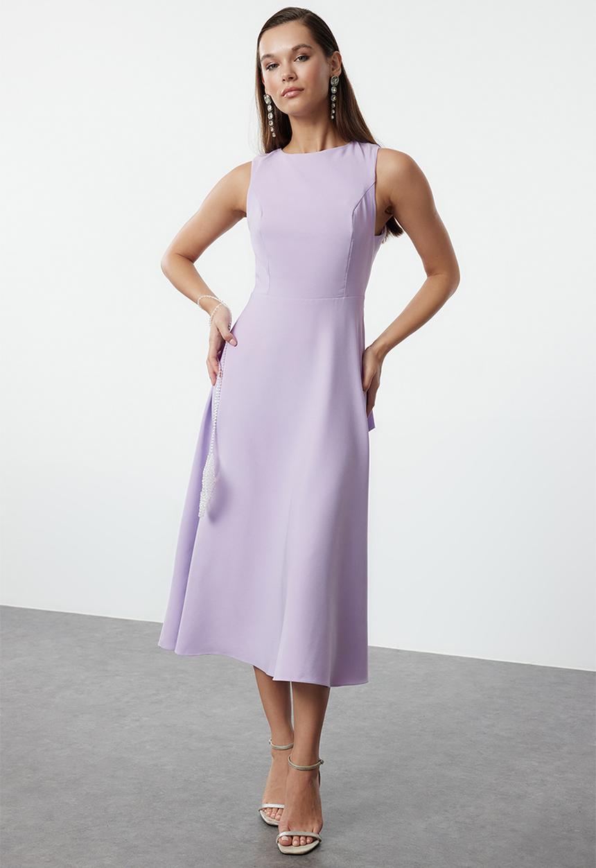 Trendyol - A-Cut Bow Detailed Woven Elegant Evening Dress - Lilac