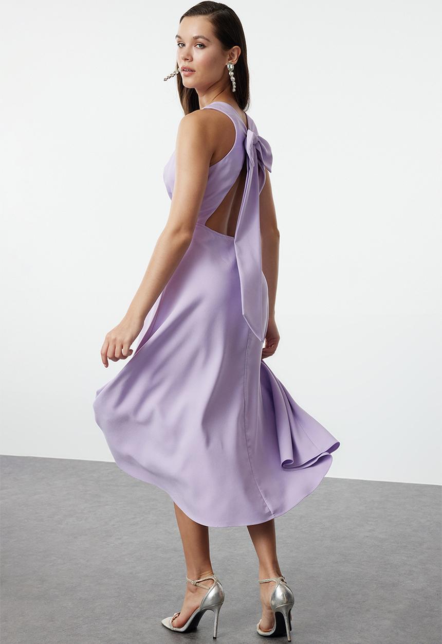 Trendyol - A-Cut Bow Detailed Woven Elegant Evening Dress - Lilac