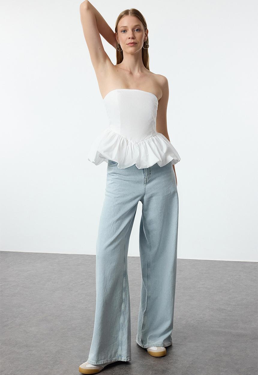 Trendyol - Strapless balloon woven top - ecru