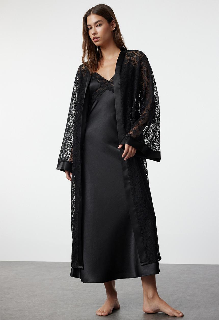 Trendyol - Satin Lace Dressing Gown - Black