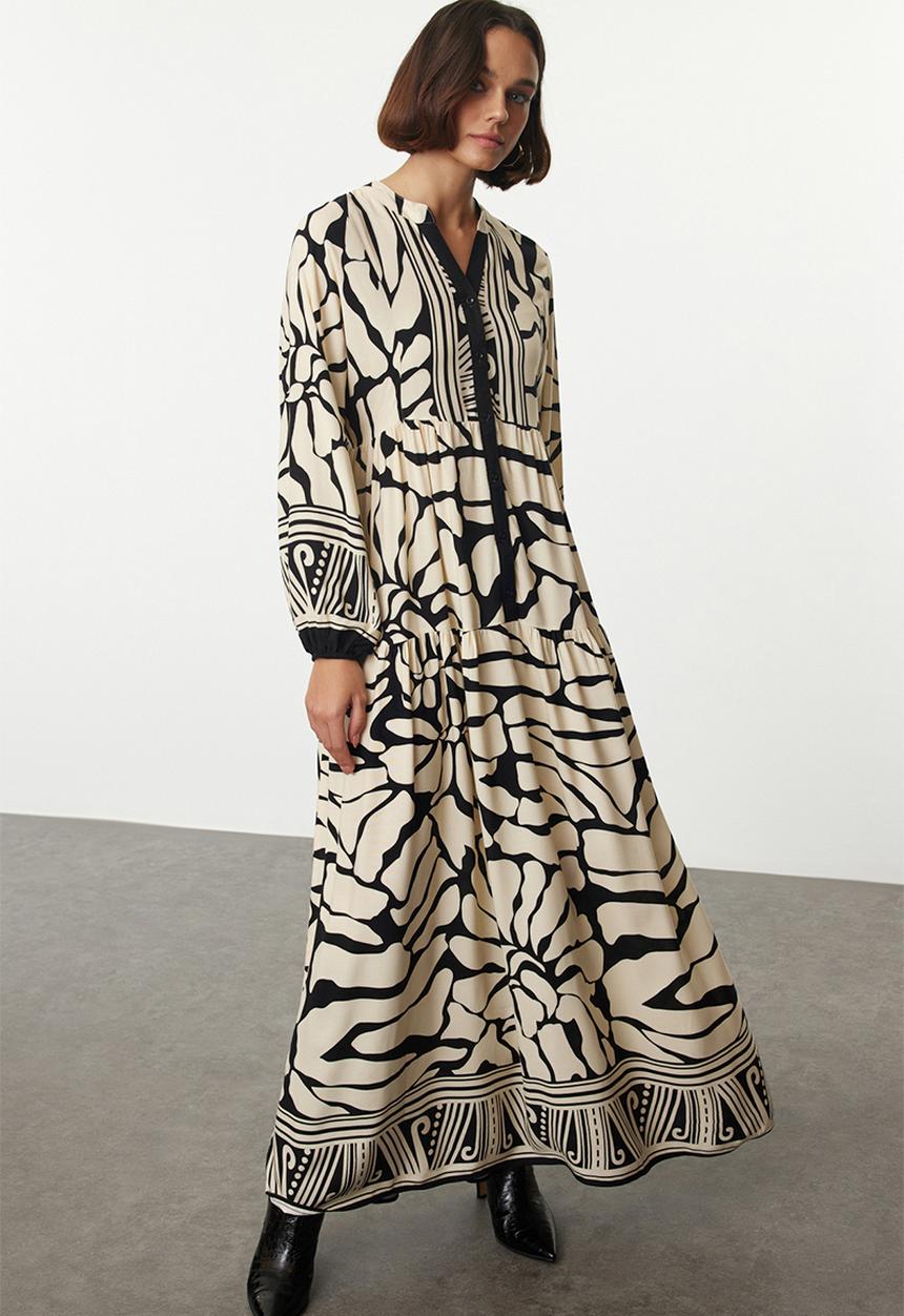Trendyol - Geometric Viscose Dress - Beige