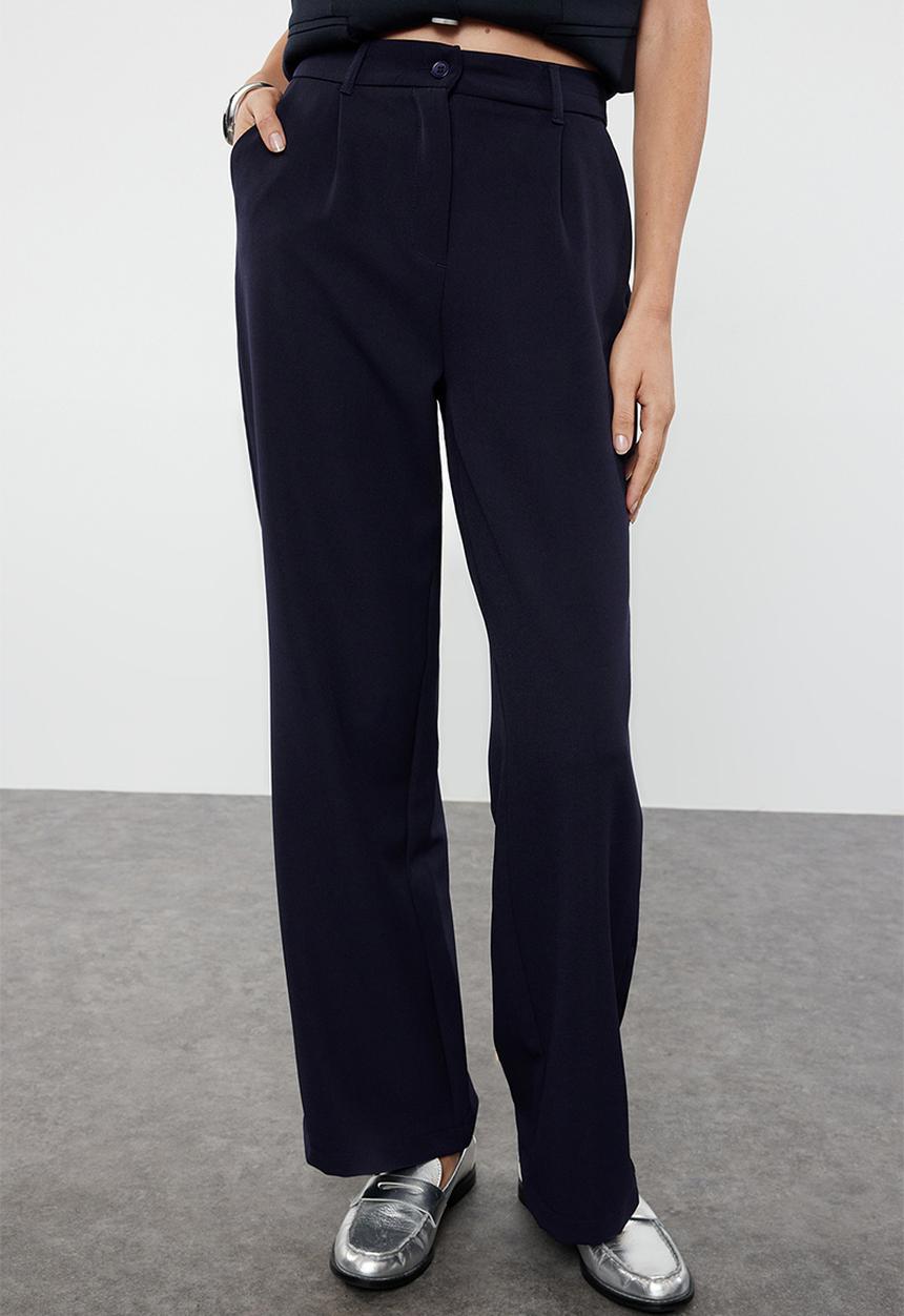 Trendyol - High waist wide leg pleated woven trousers - dark navy blue
